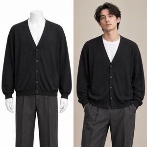 American Blue Cardigan Sweater Men Large Black Extrafine Cotton V-Neck Button Up